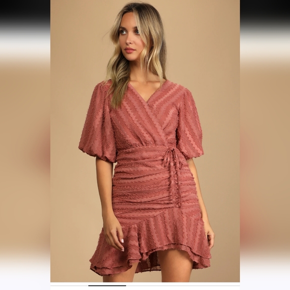 Lulu's Dusty Rose Dress-Ruched-Asymmetrical - Picture 3 of 7